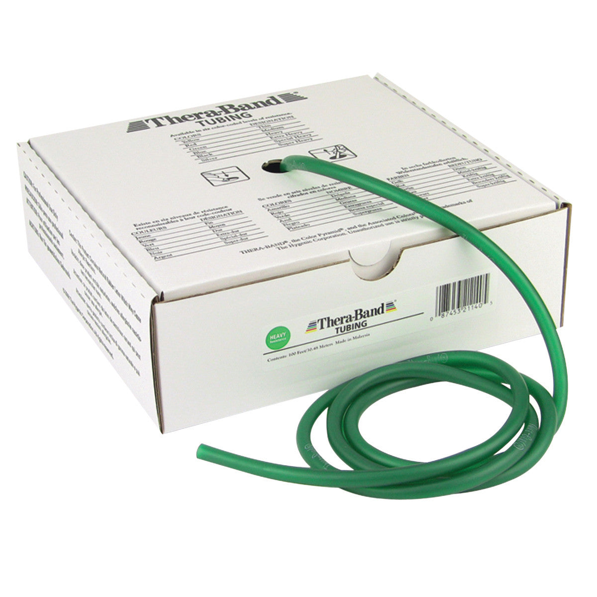 A box of THERABAND Latex Exercise Tubing with green tubing partially pulled out, indicating heavy resistance.