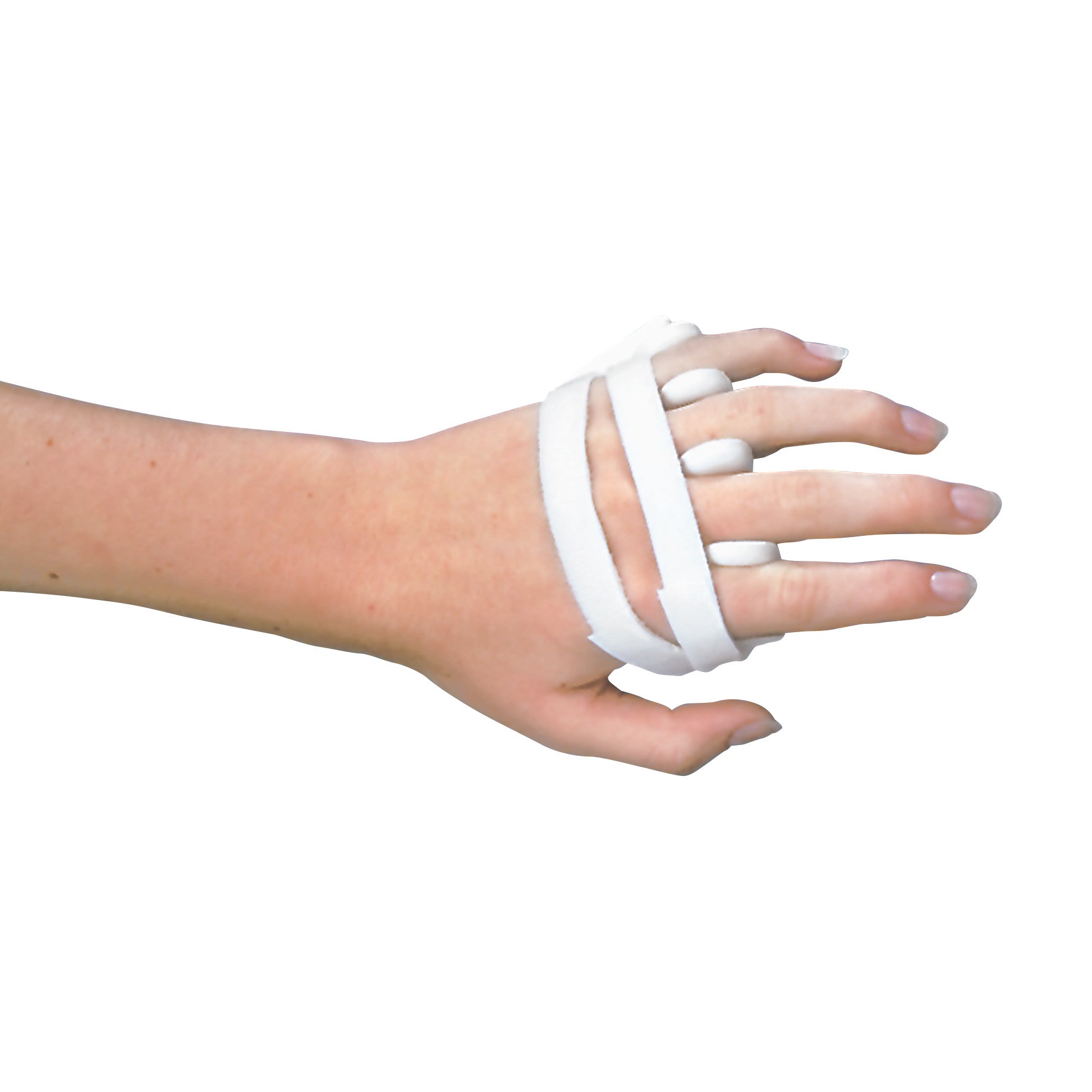 The DeRoyal LMB Soft-Core Wire-Foam Ulnar Deviation Splint is shown on a hand, with soft white straps securing it to the fingers.