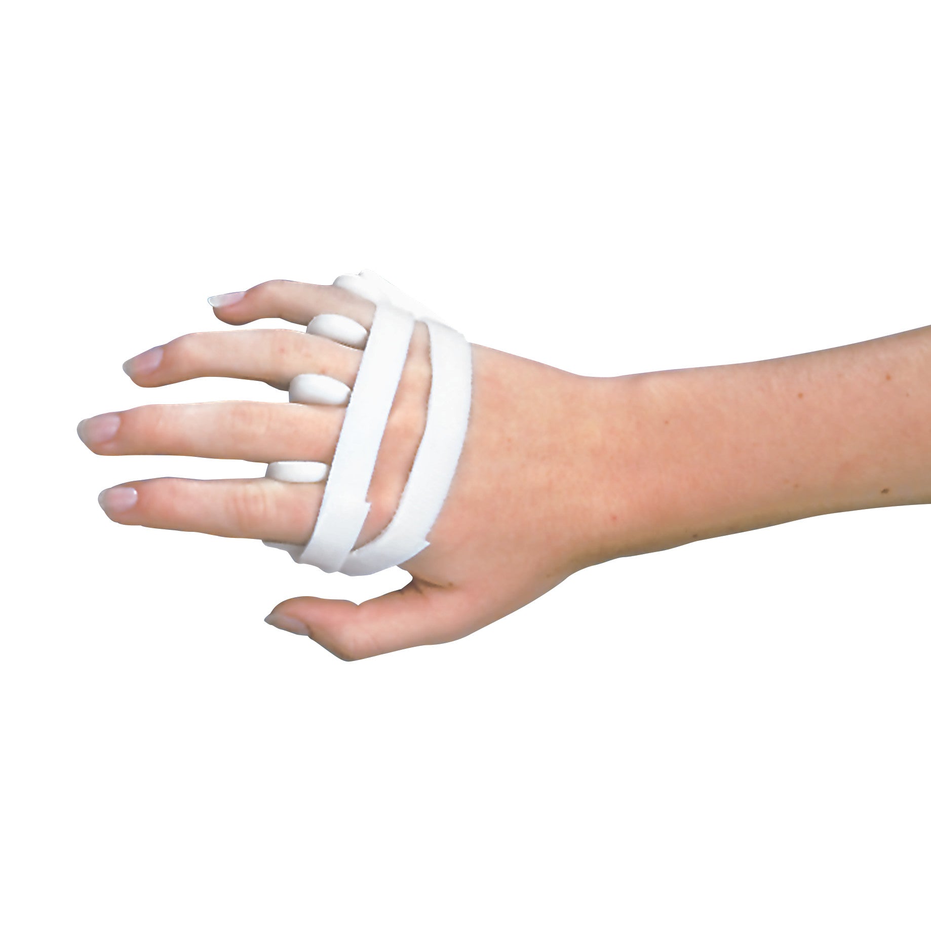 A hand wearing the DeRoyal LMB Soft-Core Wire-Foam Ulnar Deviation Splint, featuring foam straps supporting fingers and palm.