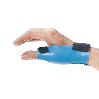 A hand wears the AliMed SportsFit Wrist/Hand/Thumb Orthosis, a blue support brace with black straps, providing stabilization.