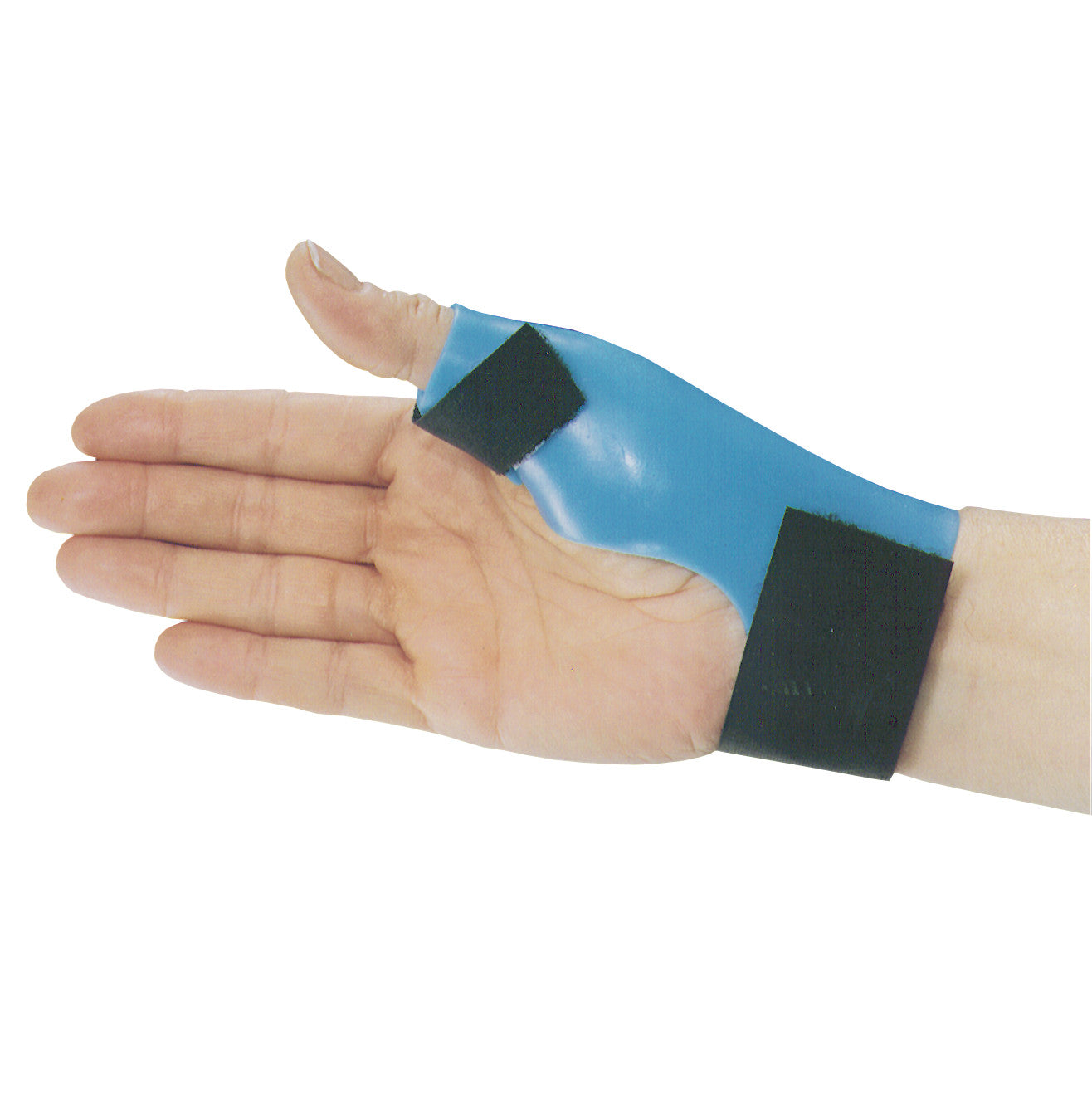 A hand wearing AliMed SportsFit Wrist/Hand/Thumb Orthosis, a blue support with black straps for stabilization and protection.