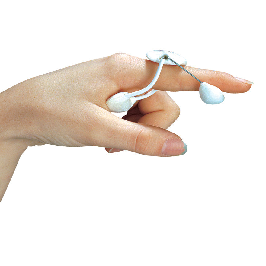A hand wears the DeRoyal LMB Spring Finger Extension Assist (Model 501), featuring white pads on the finger and hand for support.