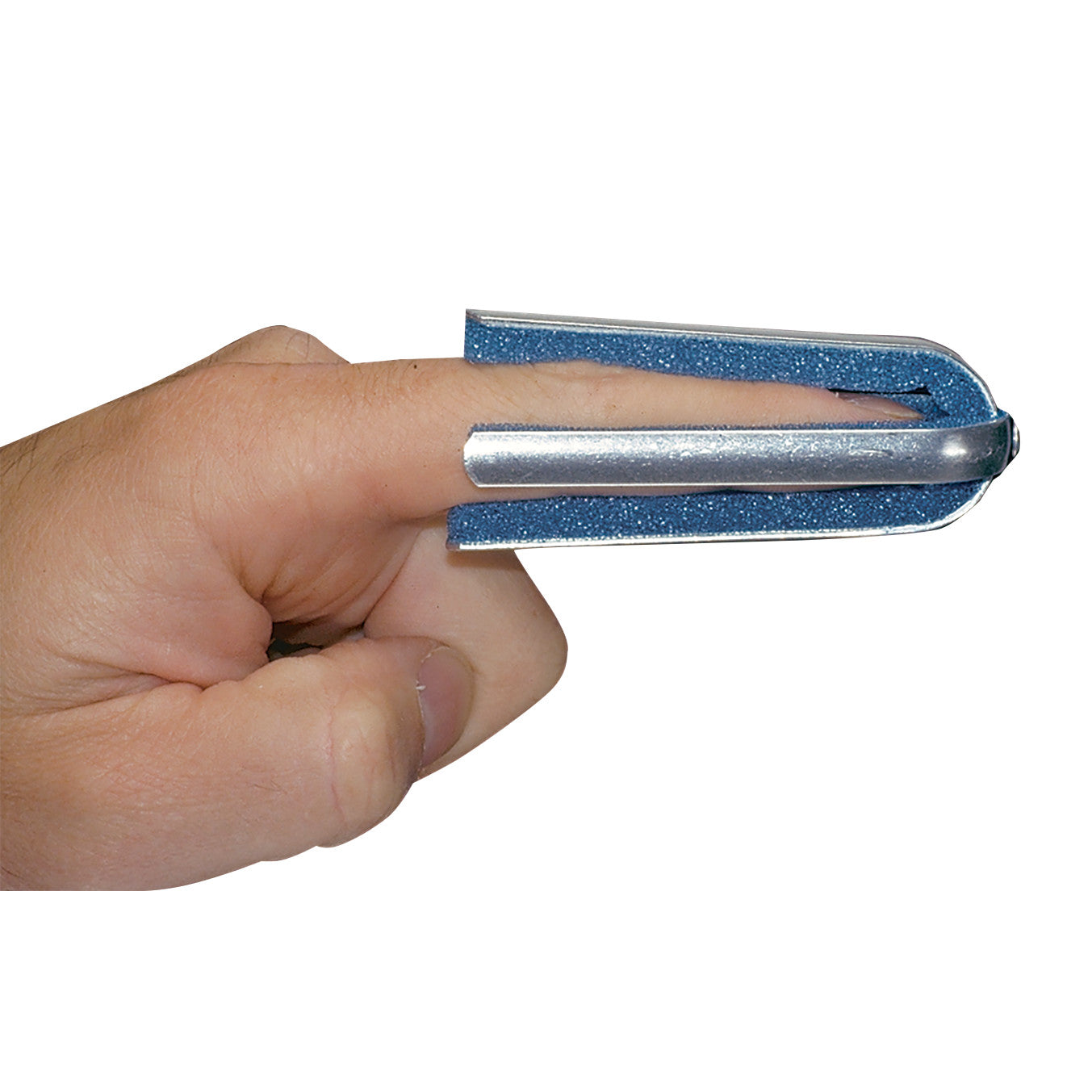 A finger wearing a "Fingertip Protector," featuring a blue cushioned lining and silver metal outer layer for protection.