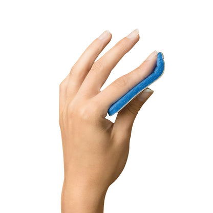 A hand is shown wearing a Curved Finger Splint with a blue surface, supporting one finger against a white background.