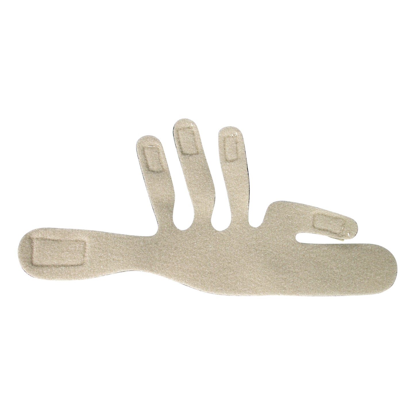 The AliMed Ulnar Deviation Strap is shown in beige with multiple finger slots and hook and loop  fasteners, laid flat.