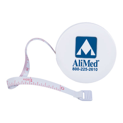 White AliMed Measuring Tape with retractable tape, red measurement markings, and the AliMed logo and contact number printed on it.