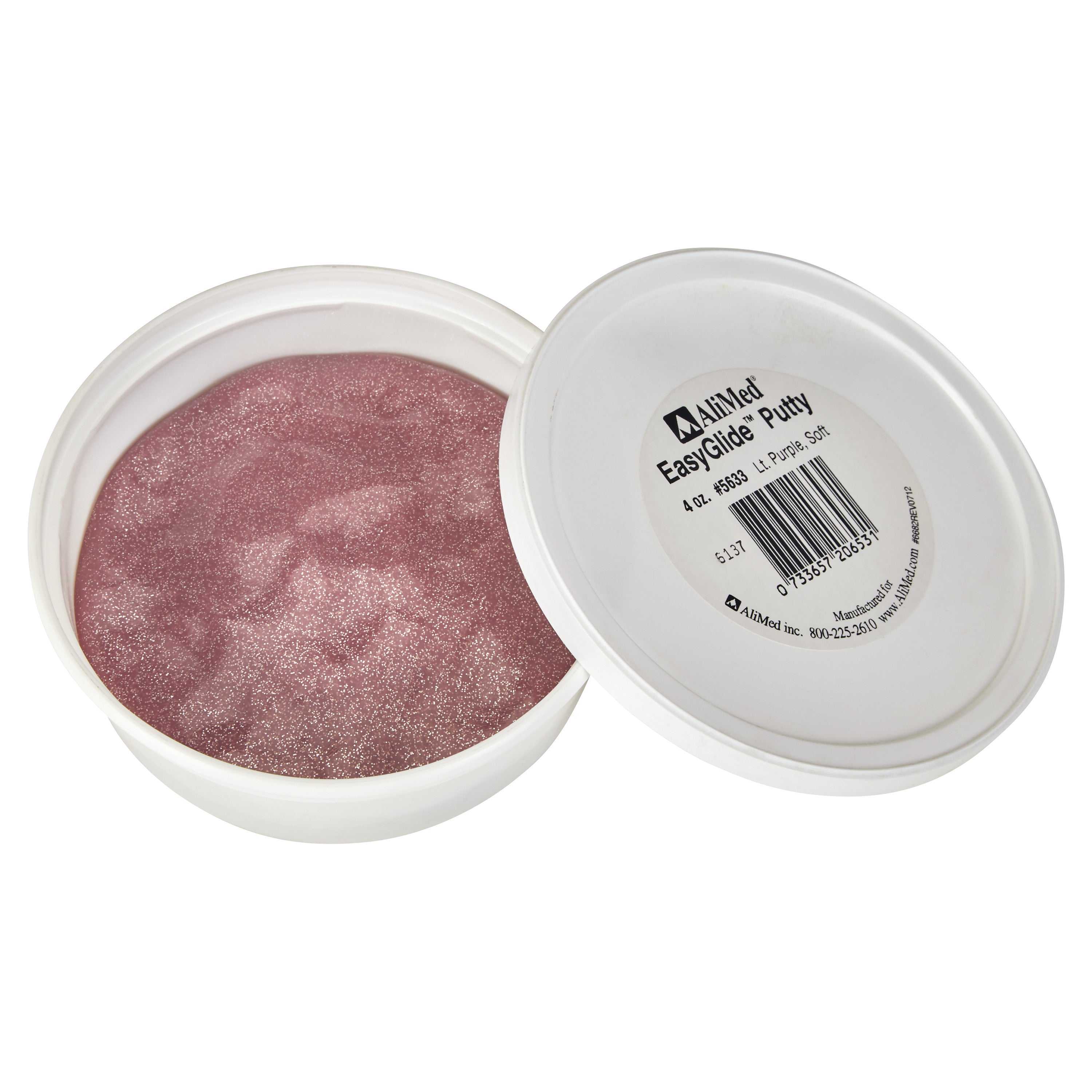 Open container of AliMed EasyGlide Antimicrobial Therapy Putty, purple color, with lid displaying product label and barcode.
