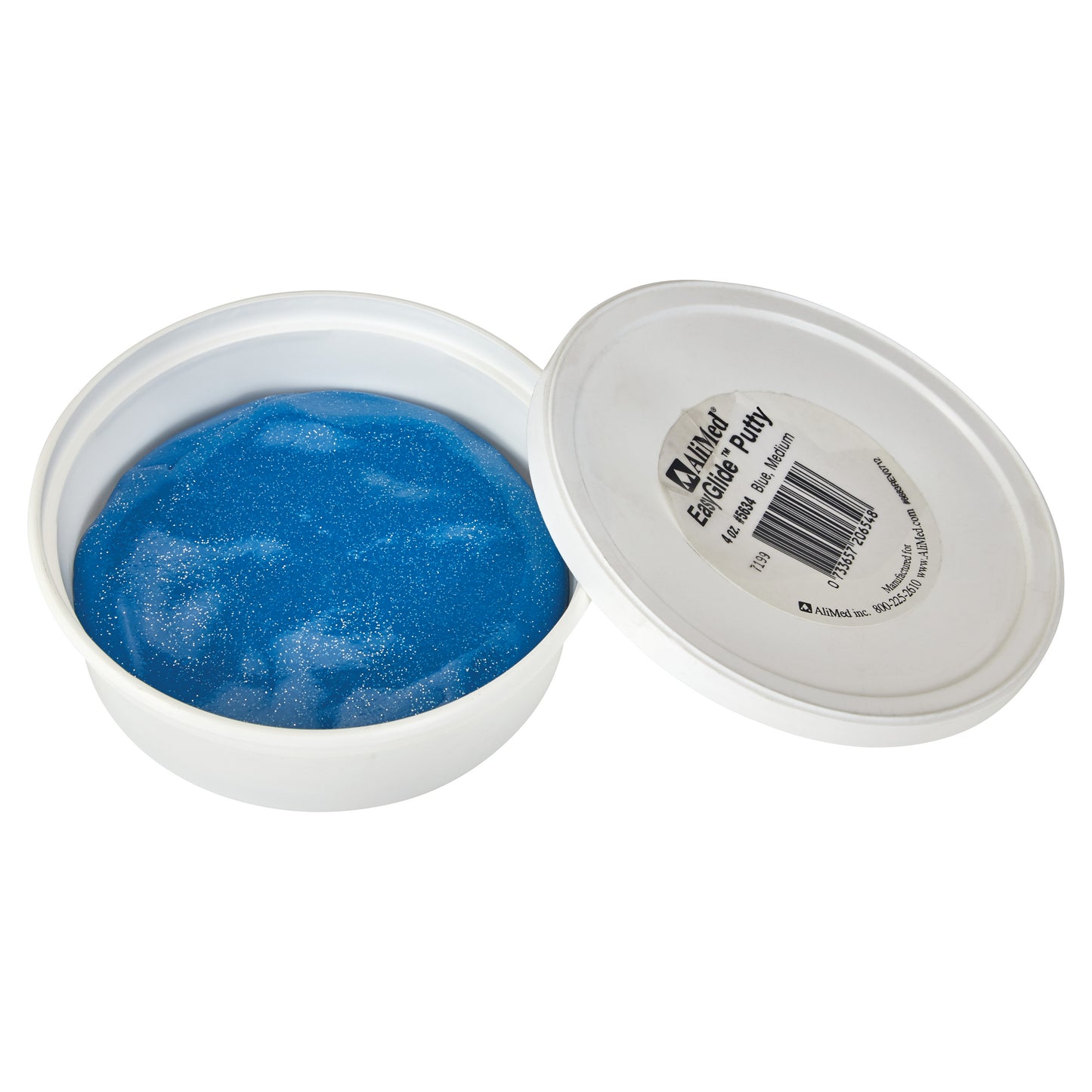 AliMed EasyGlide Antimicrobial Therapy Putty in blue is shown in an open white container with the lid slightly ajar.