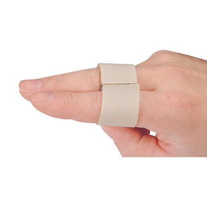 A hand wearing an AliMed Buddy Strap, securing two fingers together with a beige fabric wrap.