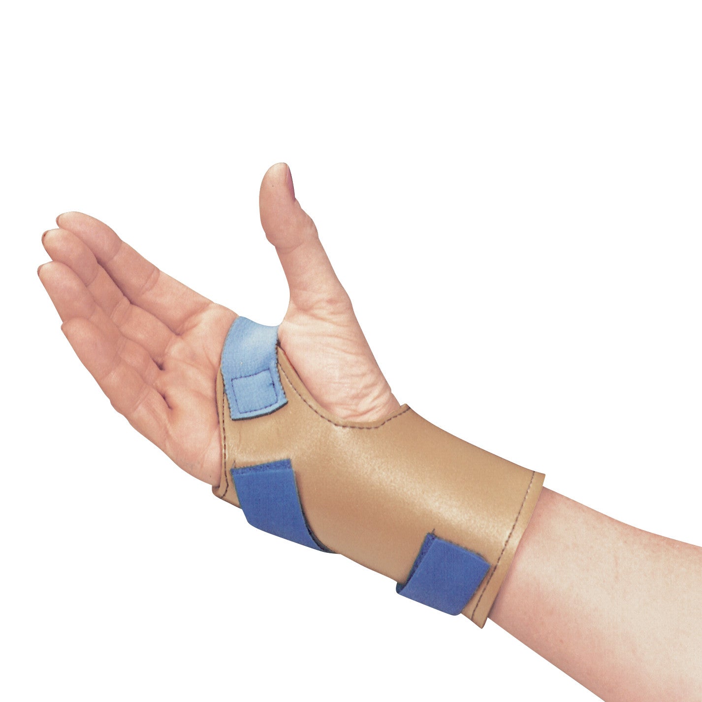 A hand wearing the AliMed FREEDOM Wrist-Trainer Gauntlet, featuring a tan and blue support brace, with straps around the wrist.