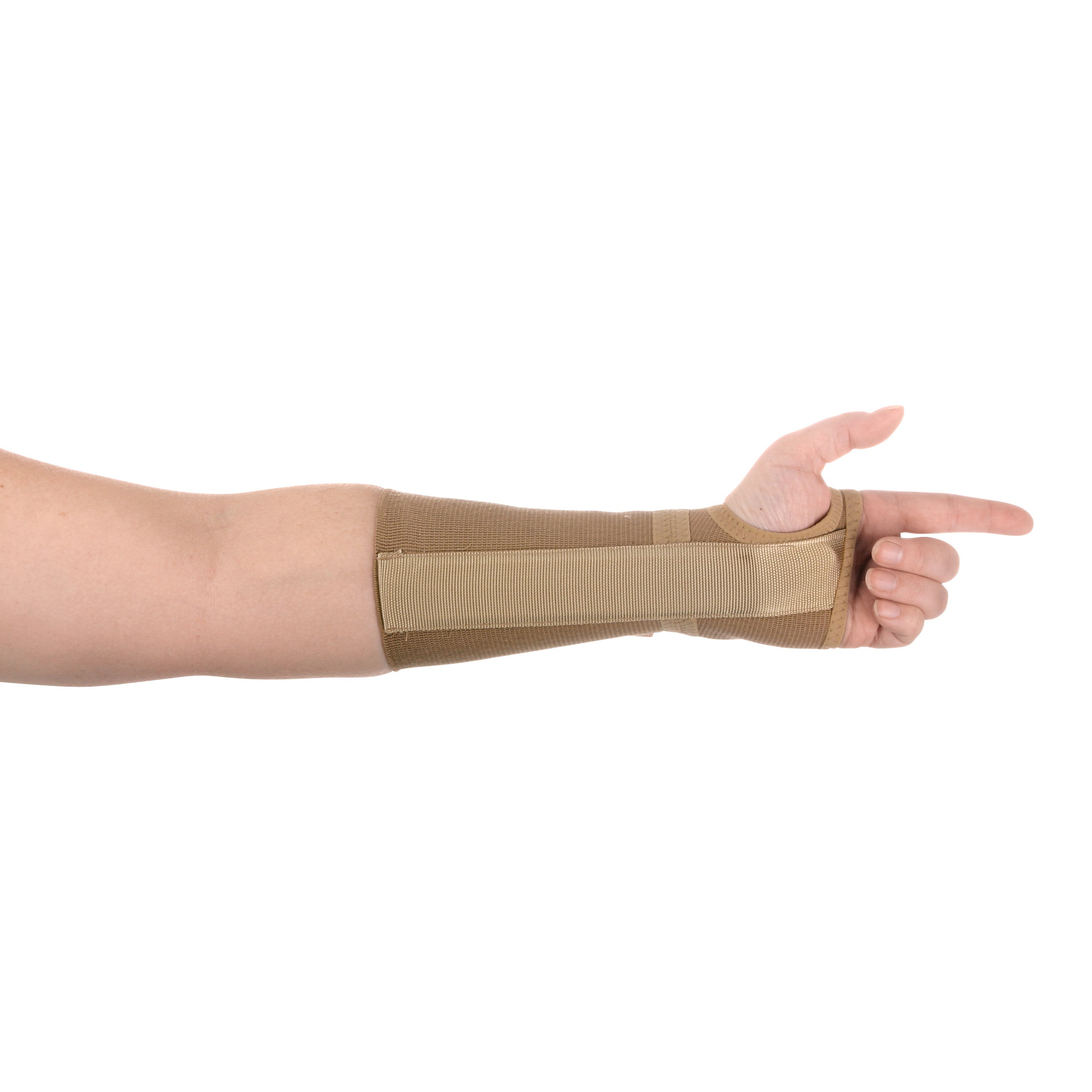 A person's arm wearing an AliMed FREEDOM Long Elastic Wrist Support in beige, with the thumb exposed and fingers extended.