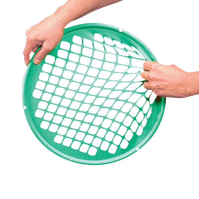 Hands stretch a green Power-Web Exerciser, featuring a flexible, netted design for hand and finger strengthening exercises.
