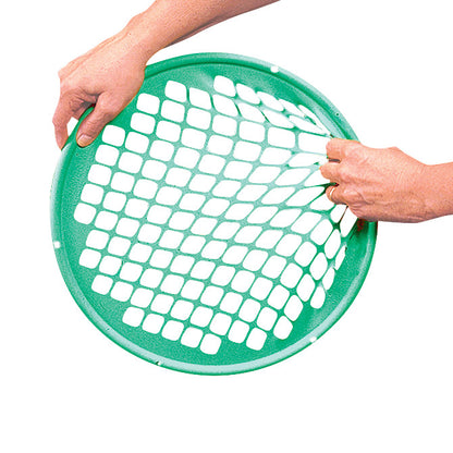 Hands stretch a green Power-Web Exerciser, featuring a flexible, netted design for hand and finger strengthening exercises.