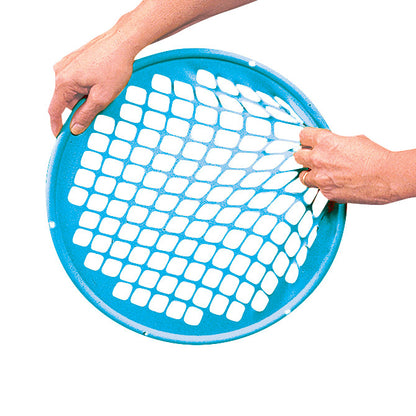 Hands stretch a blue Power-Web Exerciser with a latticed, circular design, used for hand and wrist strengthening exercises.