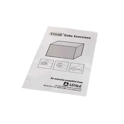 Exercise Booklet for AliMed T-Foam Visco Cubes showing diagrams for hand exercises, featuring a cube illustration on the cover.
