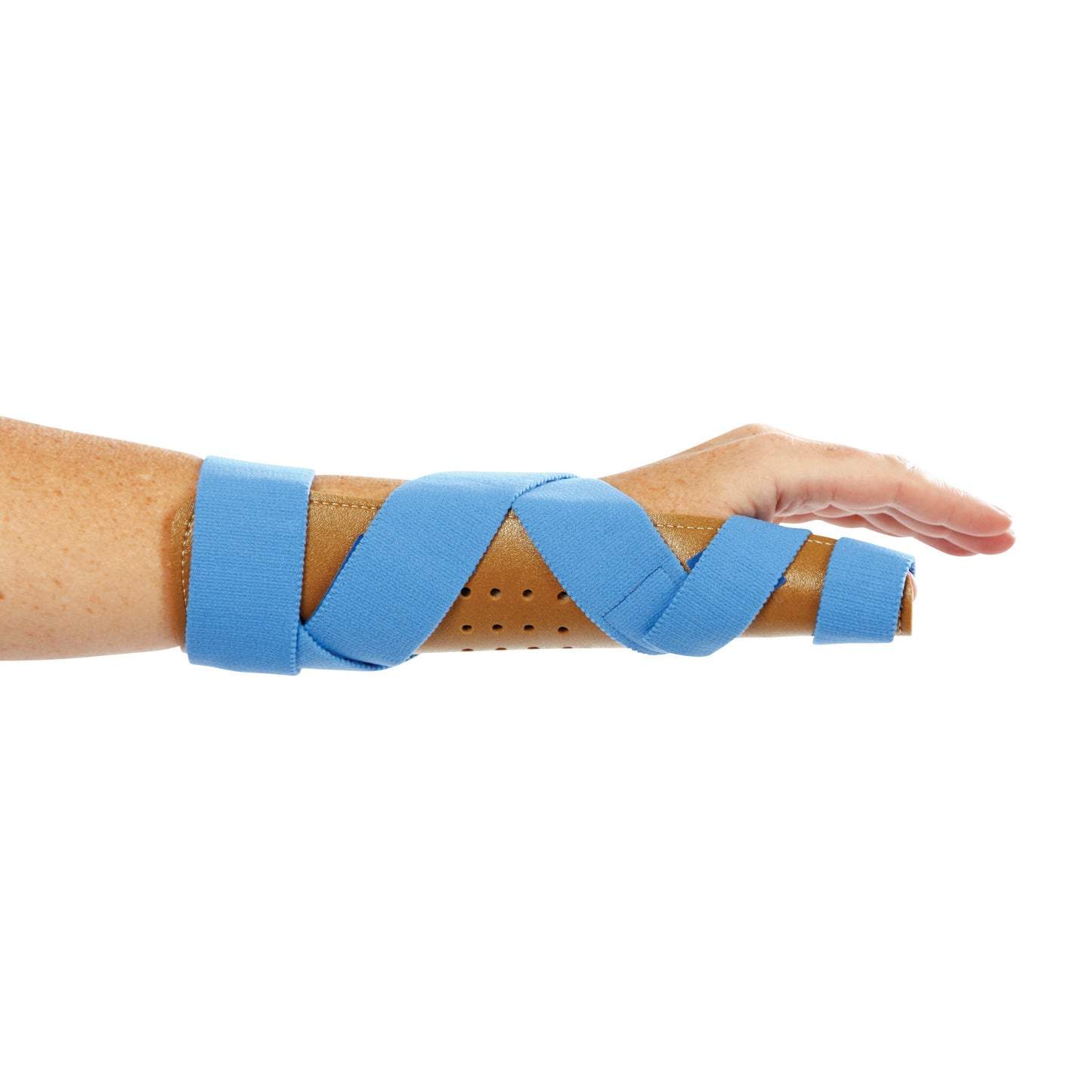 A forearm displays the AliMed FREEDOM Wrist/Thumb Spica, a supportive brace with blue straps for immobilizing the wrist and thumb.