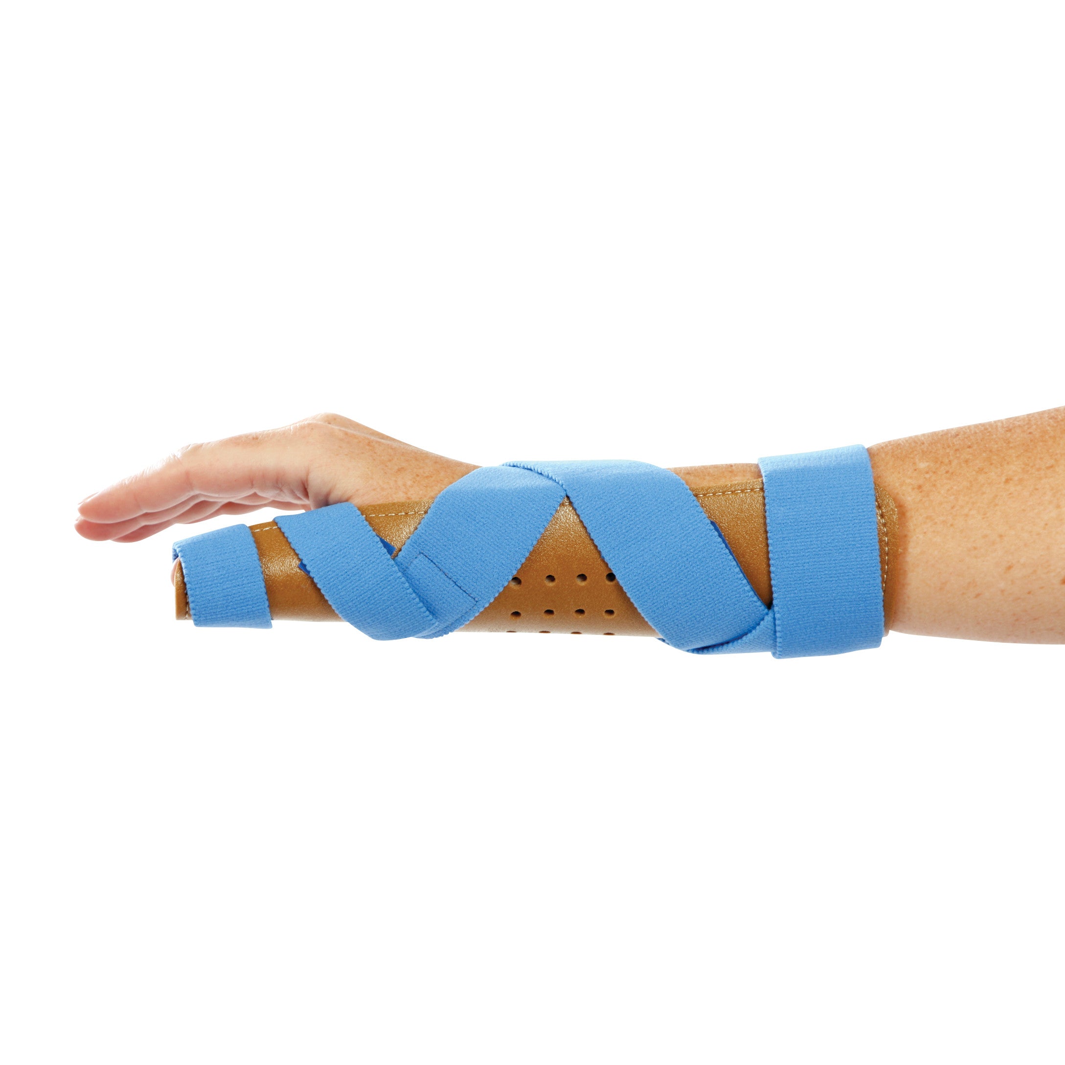 A forearm wearing an AliMed FREEDOM Wrist/Thumb Spica. It's a brown brace with blue straps, providing wrist and thumb support.