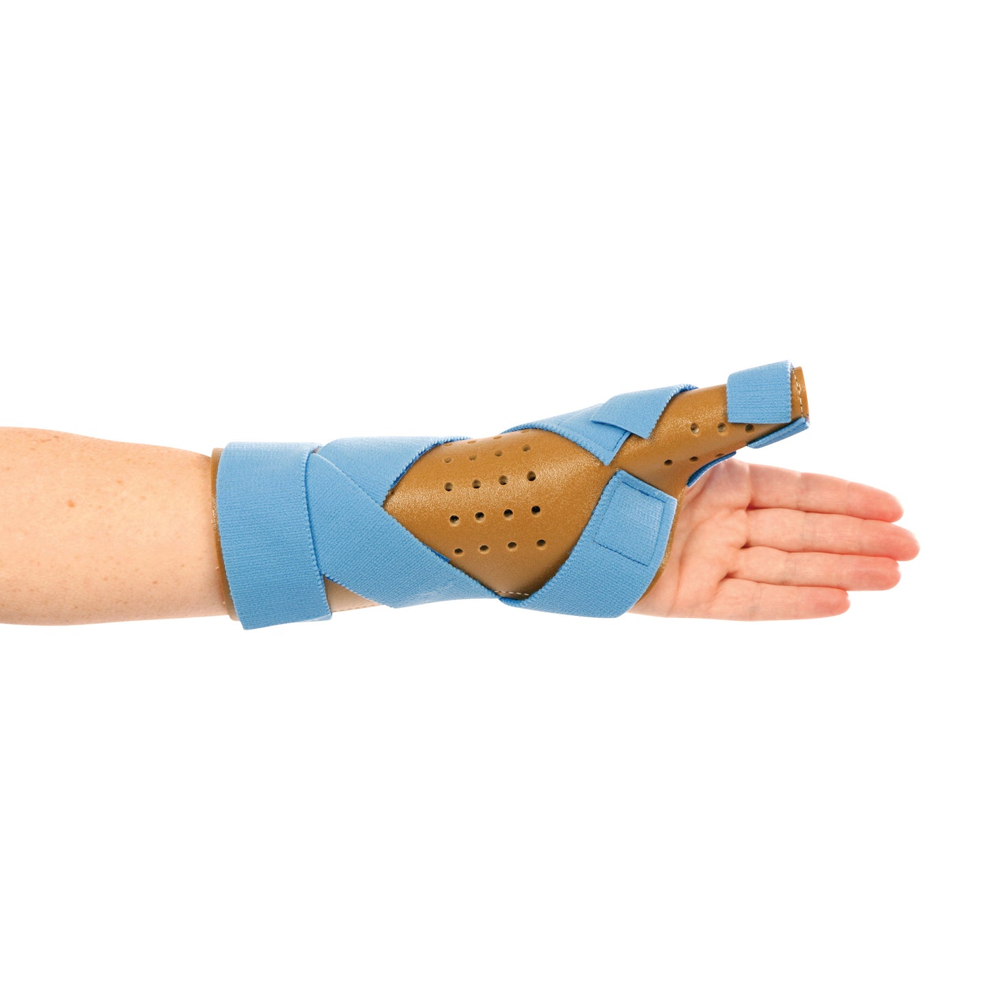 A person's forearm is shown wearing an AliMed FREEDOM Wrist/Thumb Spica brace. It has blue straps and brown perforated material.