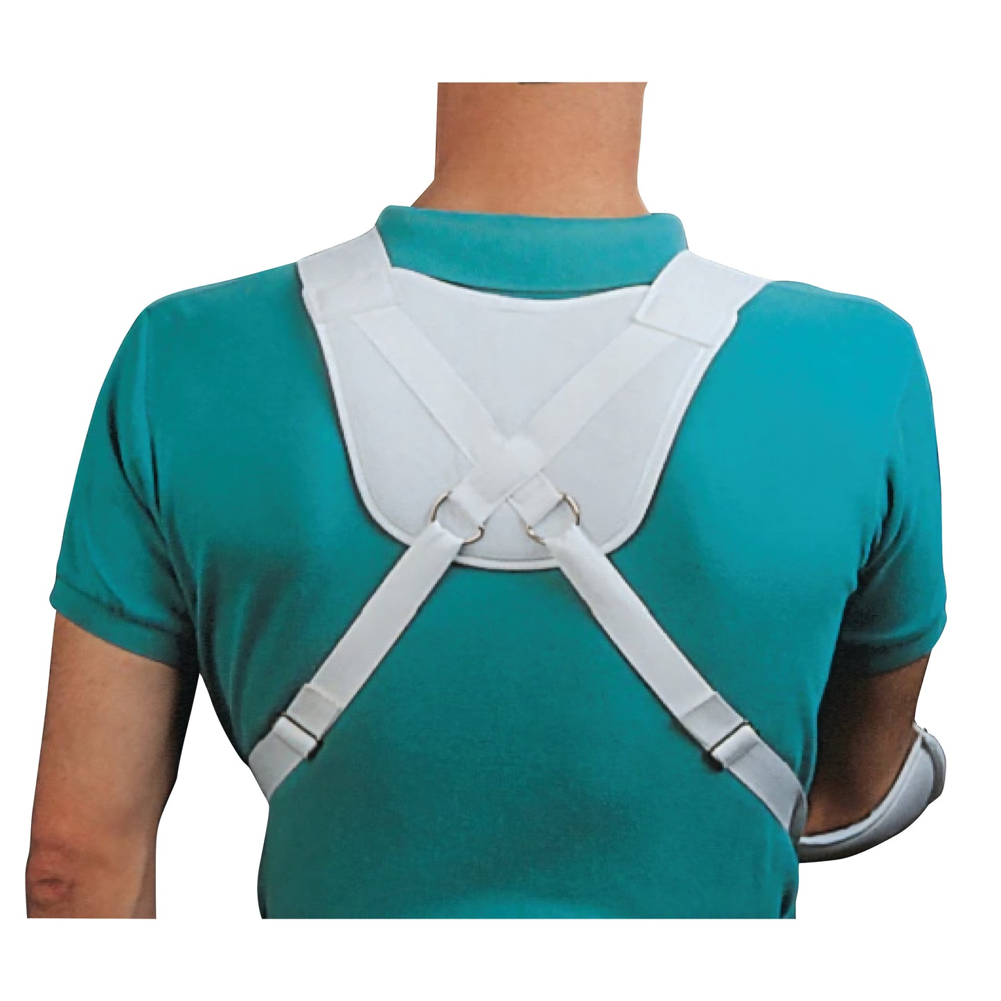 A person wearing a Harris Hemi-Arm Sling over a teal shirt, showing the back view with adjustable white straps and padding.