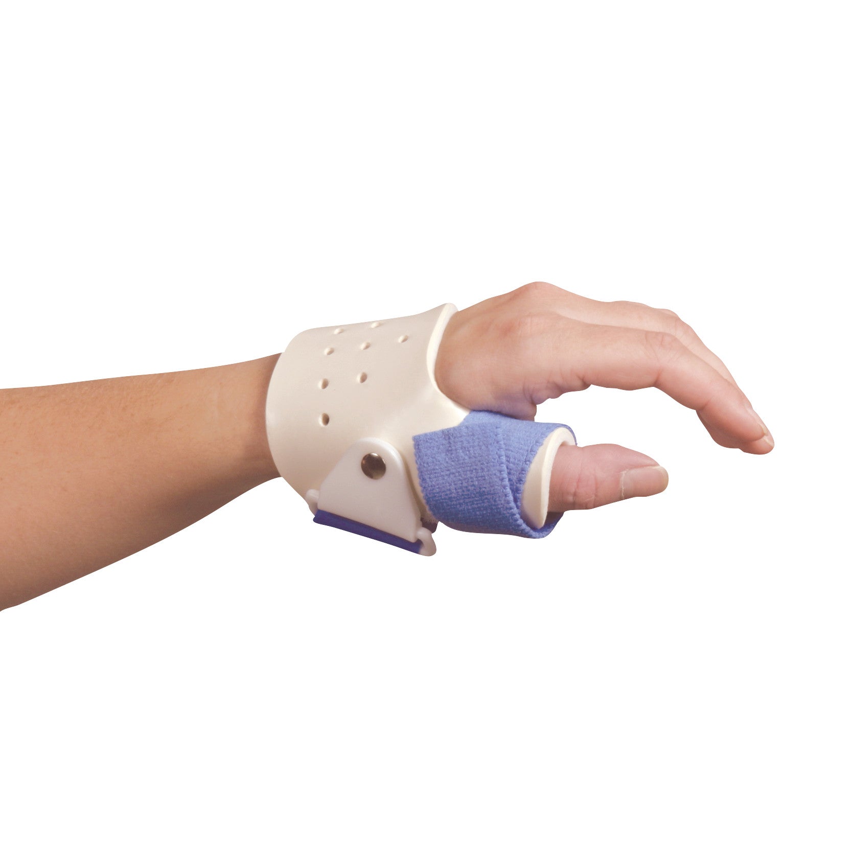A hand wearing the AliMed FREEDOM Standard ThumbKeeper Splint, with a white base and blue thumb support.