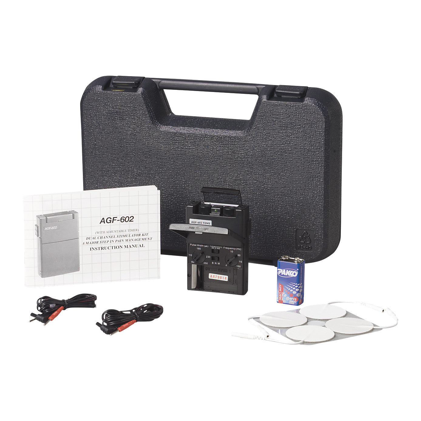 Drive Medical Dual Channel TENS Kit includes a TENS unit, electrodes, cables, battery, instruction manual, and carrying case.