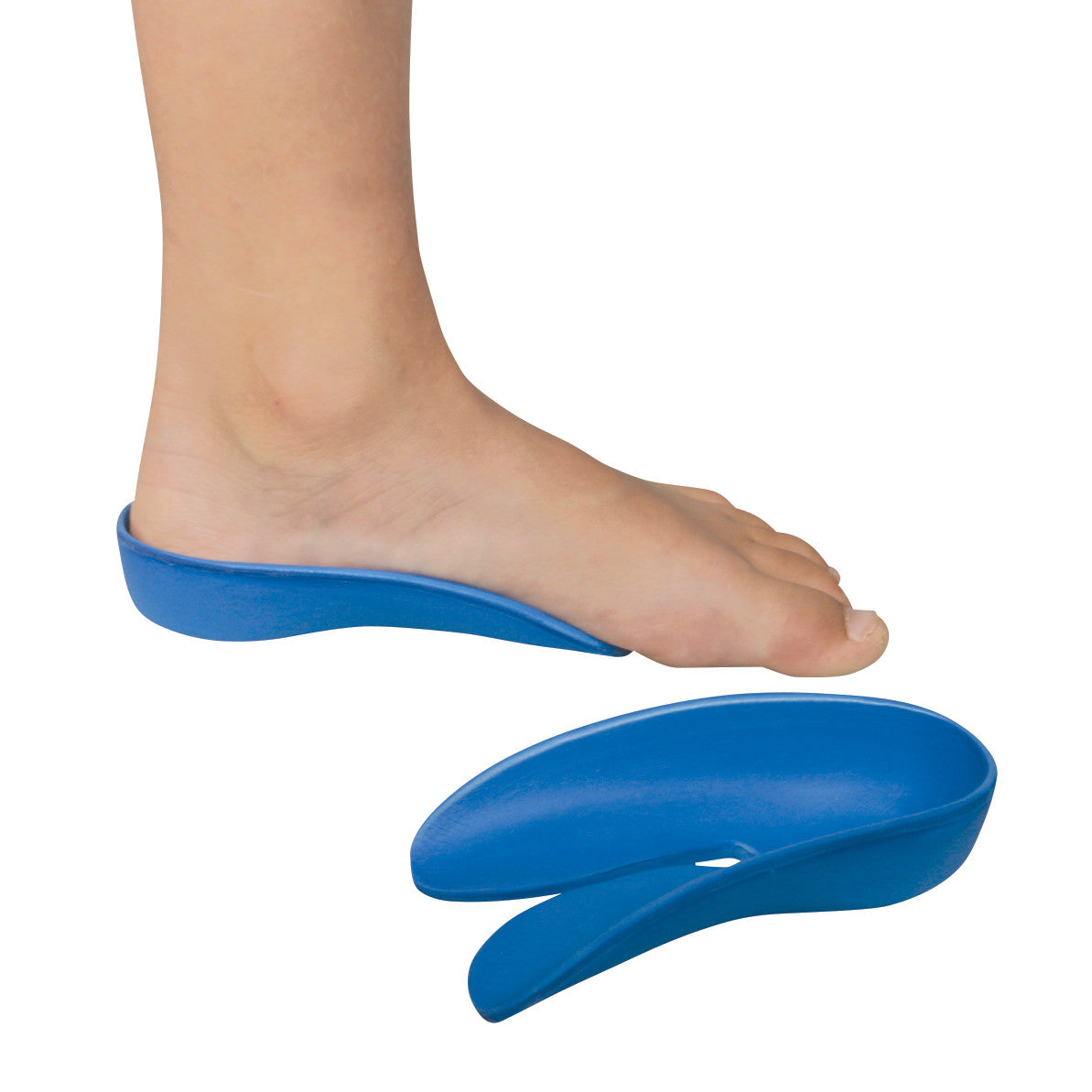 A child's foot is positioned on the AliMed Pediatric Dynamic Foot Stabilizer (DFS) in blue, with another stabilizer shown below.