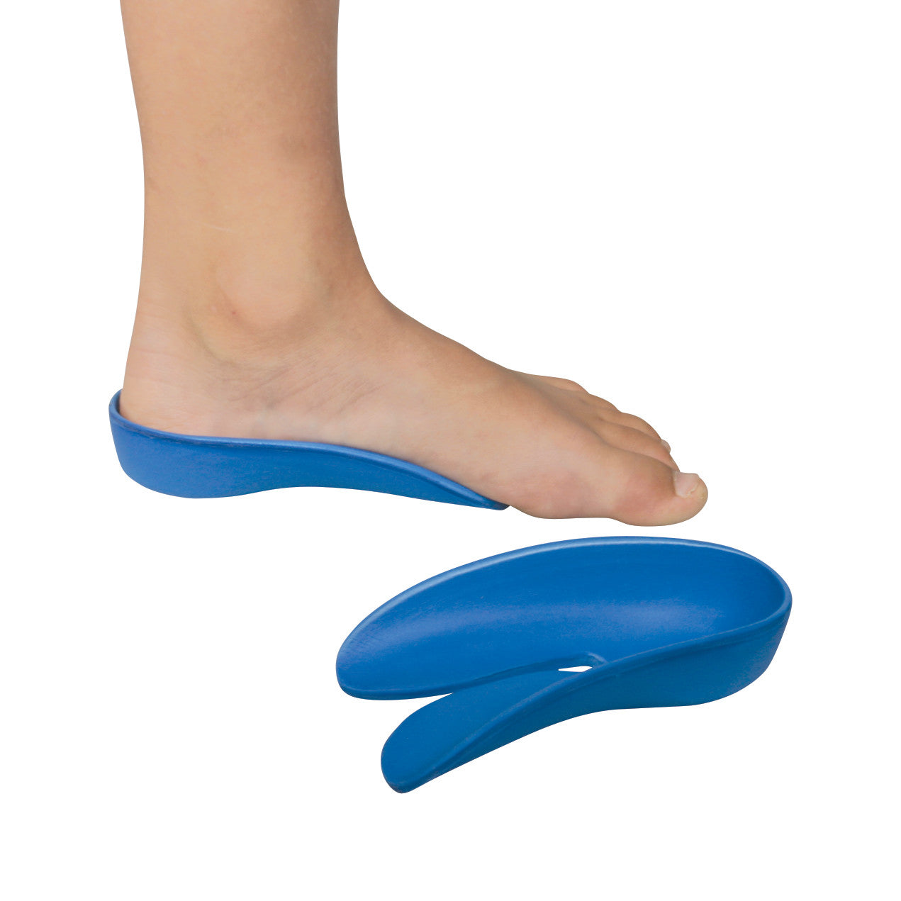 A foot wearing an AliMed Pediatric Dynamic Foot Stabilizer (DFS) with another stabilizer placed beside it, both in blue.