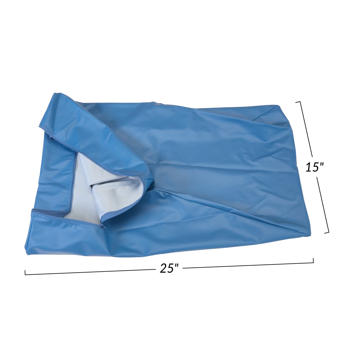 Blue Sure-Chek Cover for AliMed Covered Foam Bed Wedge, measuring 25 inches by 15 inches, partially unfolded.