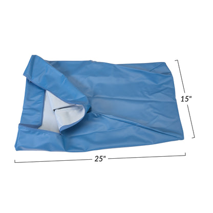 Blue Sure-Chek Cover for AliMed Covered Foam Bed Wedge, measuring 25 inches by 15 inches, partially unfolded.