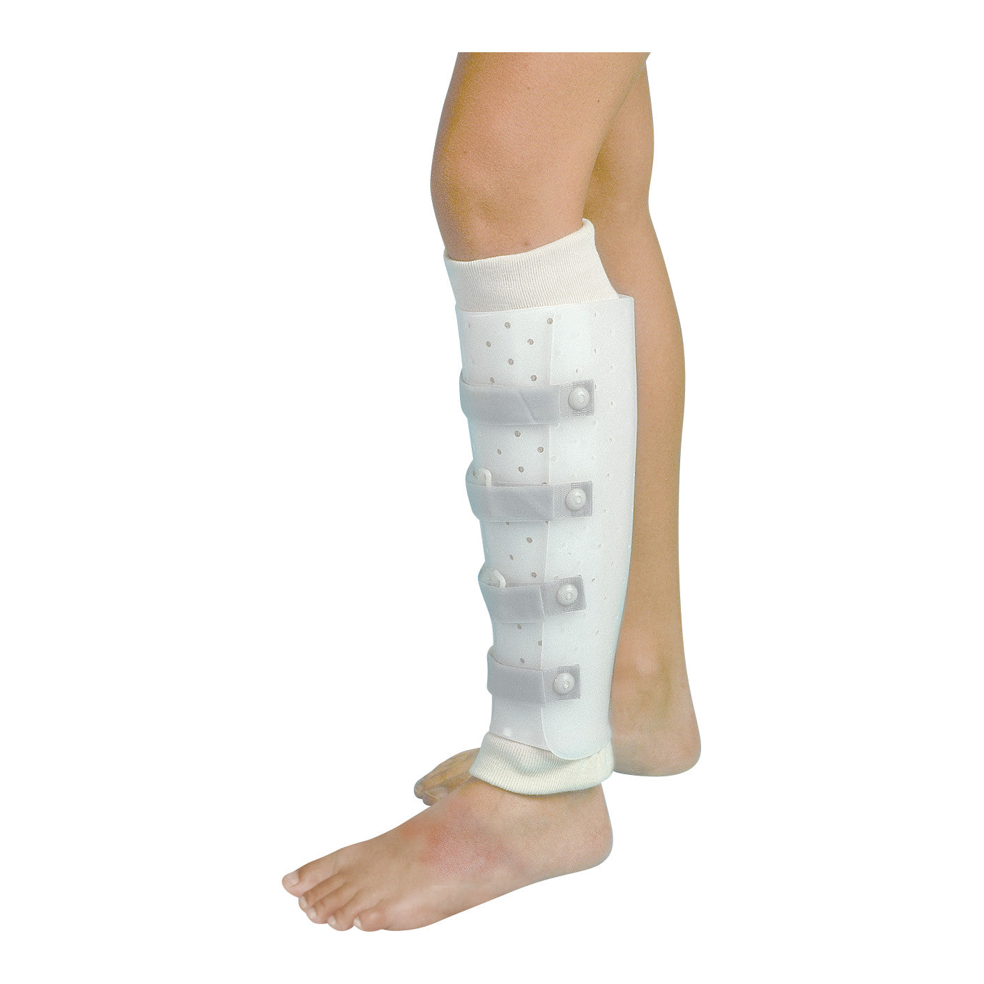 A Miami Prefabricated Tibial Fracture Brace on a leg, featuring four adjustable straps and perforations for ventilation.