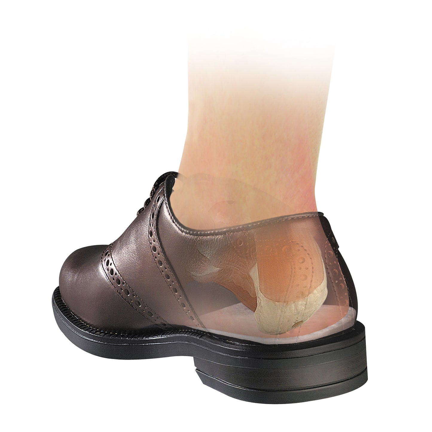 A foot inside a brown shoe with a transparent view showing the Hapad 3/4-Length Medial/Lateral Heel Wedge supporting the arch.