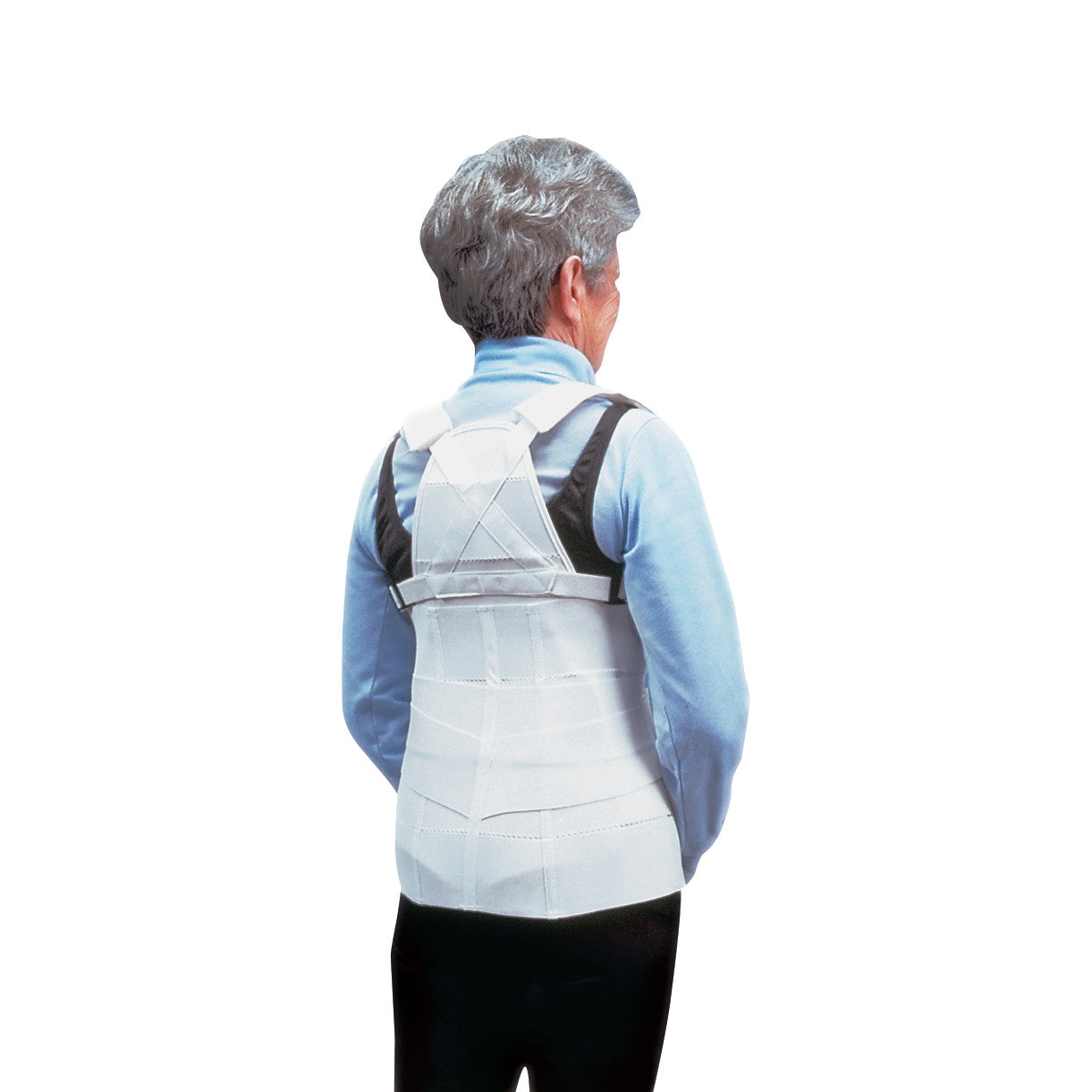An older adult wears a Lumbar and Thoracic Support brace over a light blue shirt, viewed from the back against a white background.