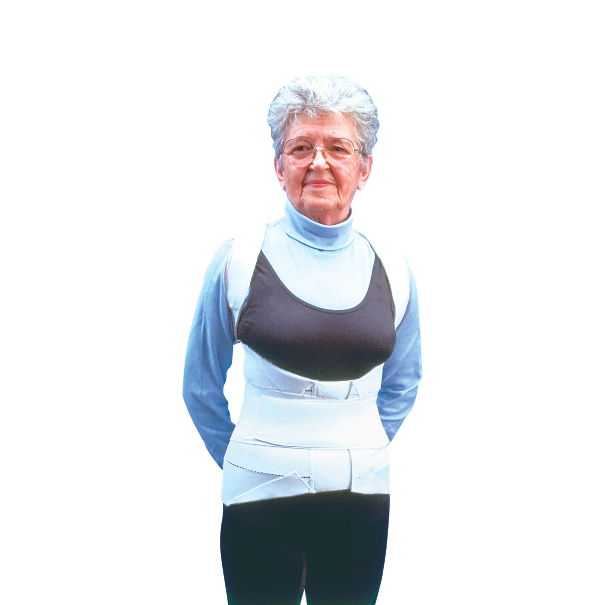 An elderly person wears a Lumbar and Thoracic Support over a light blue shirt, featuring straps and supportive braces.