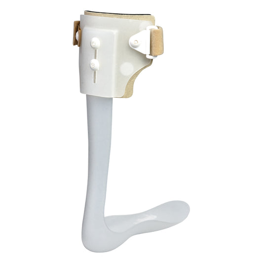 A Sliding Ankle Foot Orthosis in white, featuring adjustable straps and a contoured foot design for support and stability.