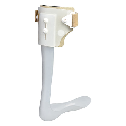 A white Sliding Ankle Foot Orthosis with beige straps and adjustable knobs designed for foot support and alignment.