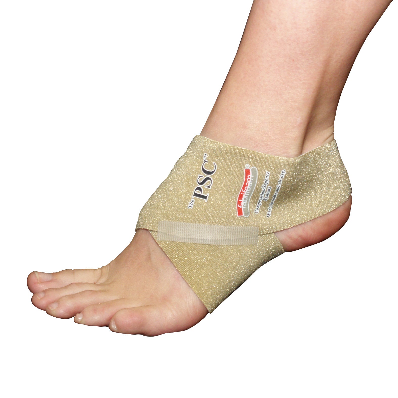 A foot is wearing a beige support wrap labeled "Pronation/Spring Control (PSC)" for arch and ankle stability.