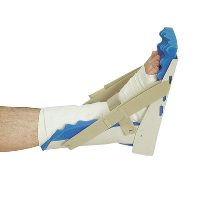 An AliMed Easy Access Foot Splint is shown on a person's foot. It's beige with blue padding, securing the foot in place.
