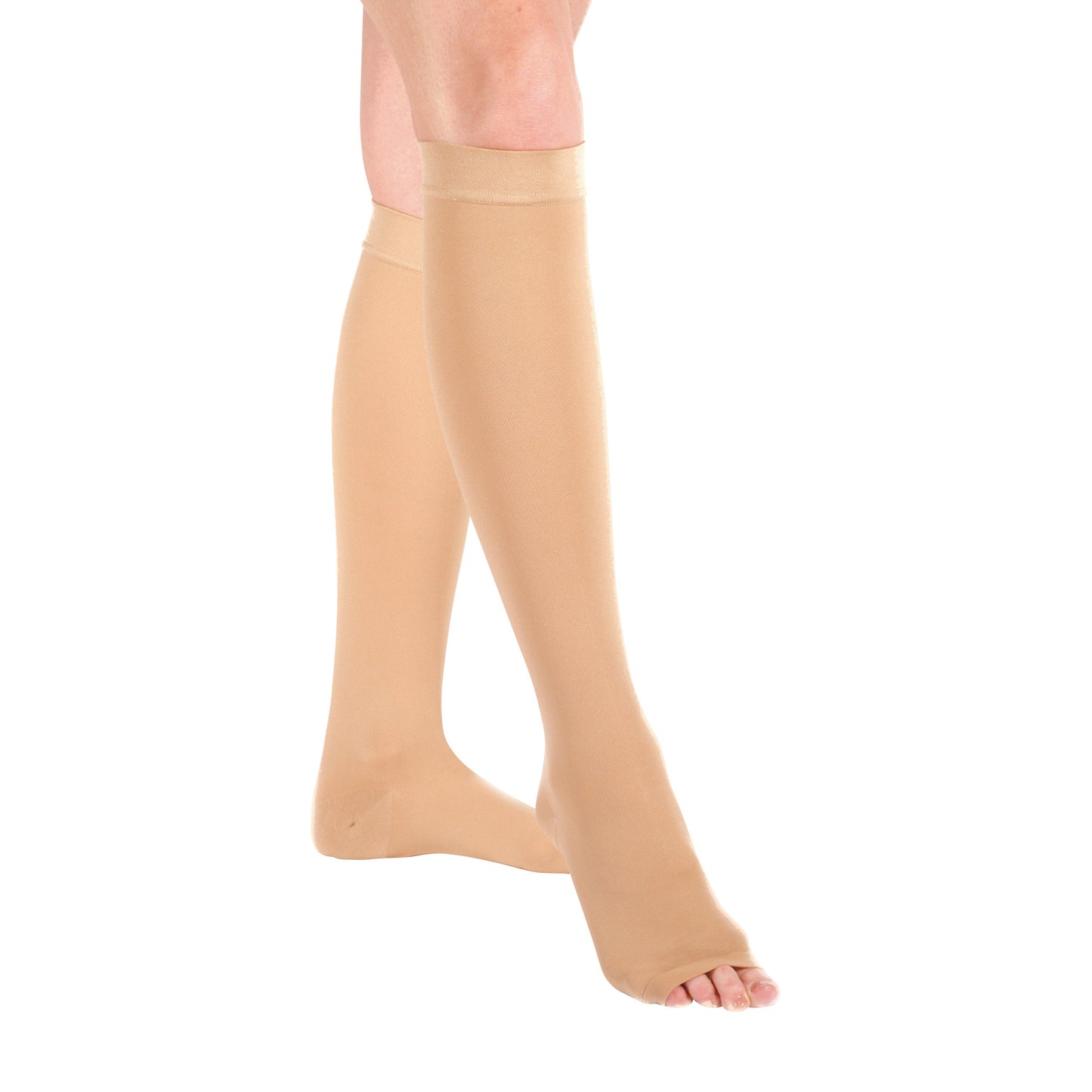 Person wearing Ames Walker Open Toe Knee-Length Medical Support Stockings in beige.