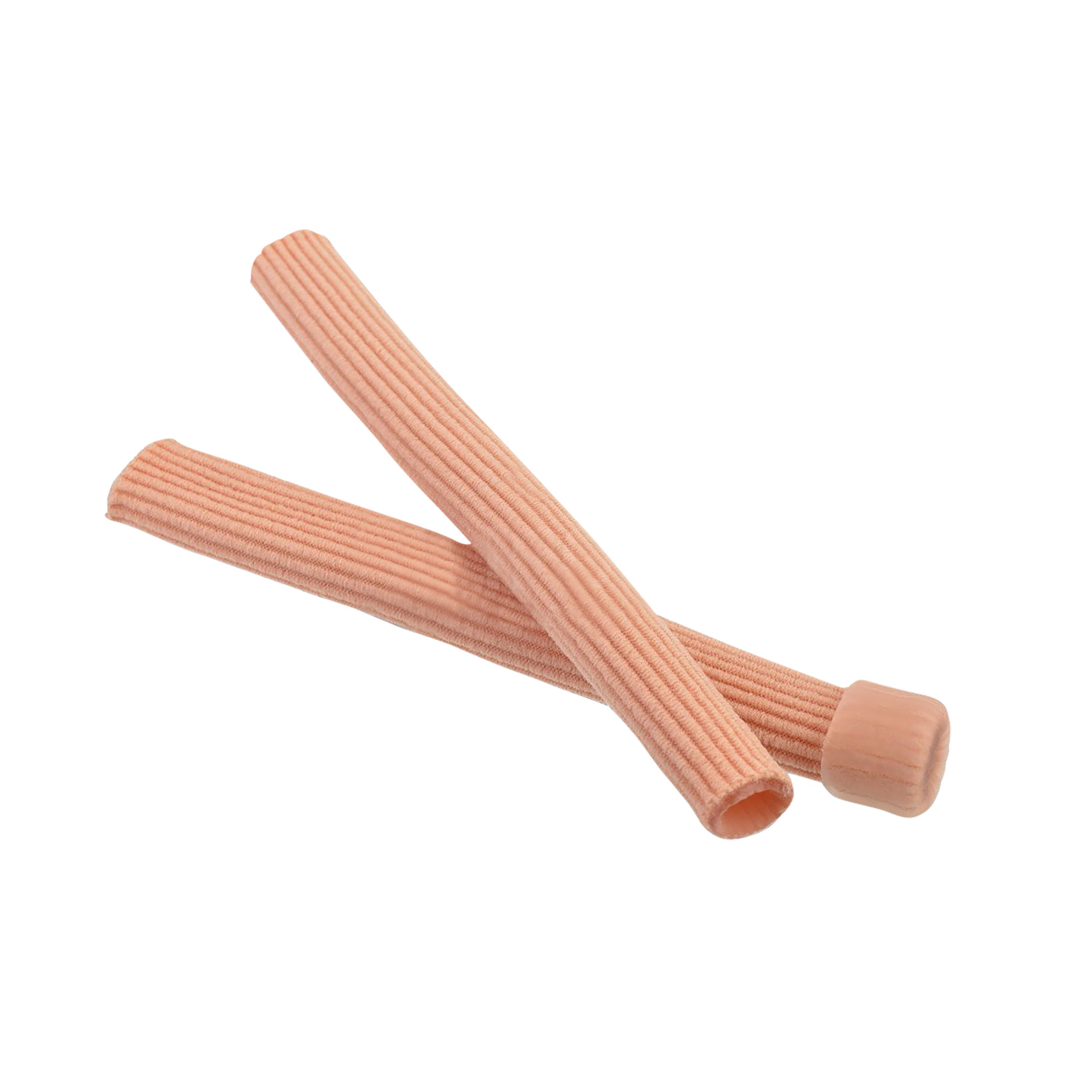 Two pieces of Silipos Gel Tubing, beige and ribbed, one capped, laid crossed on a white background.