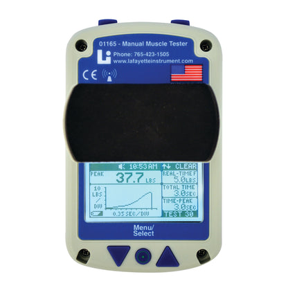 The Lafayette Manual Muscle Test System displays a digital screen with measurement data, including a peak value of 37.7 lbs.