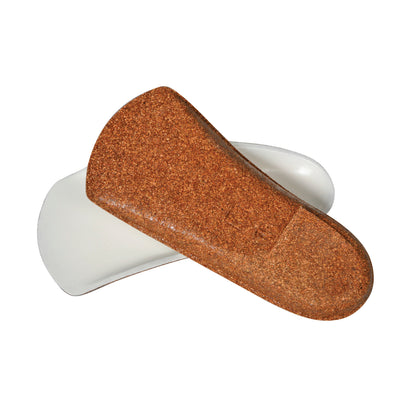 AliMed FREEDOM 3 Degree Posted BFO Half Sole Orthotic, shown overlapping, has a cork upper surface and white base.