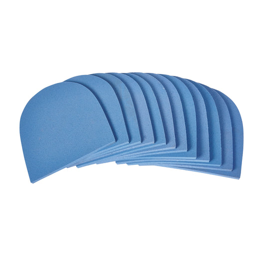 A set of PPT Self-Adhesive Heel Pads in blue, displayed in a stacked arrangement, showing a semi-circular shape.