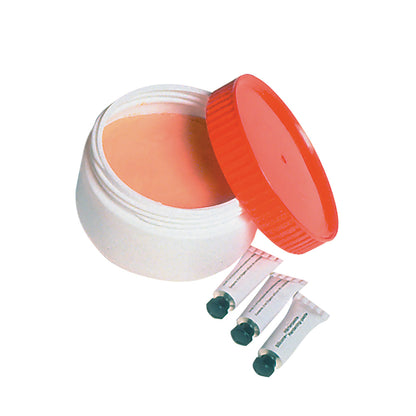 PediFix PediPlast Moldable Podiatric Compound in a white jar with an orange lid, accompanied by three small tubes with black caps.