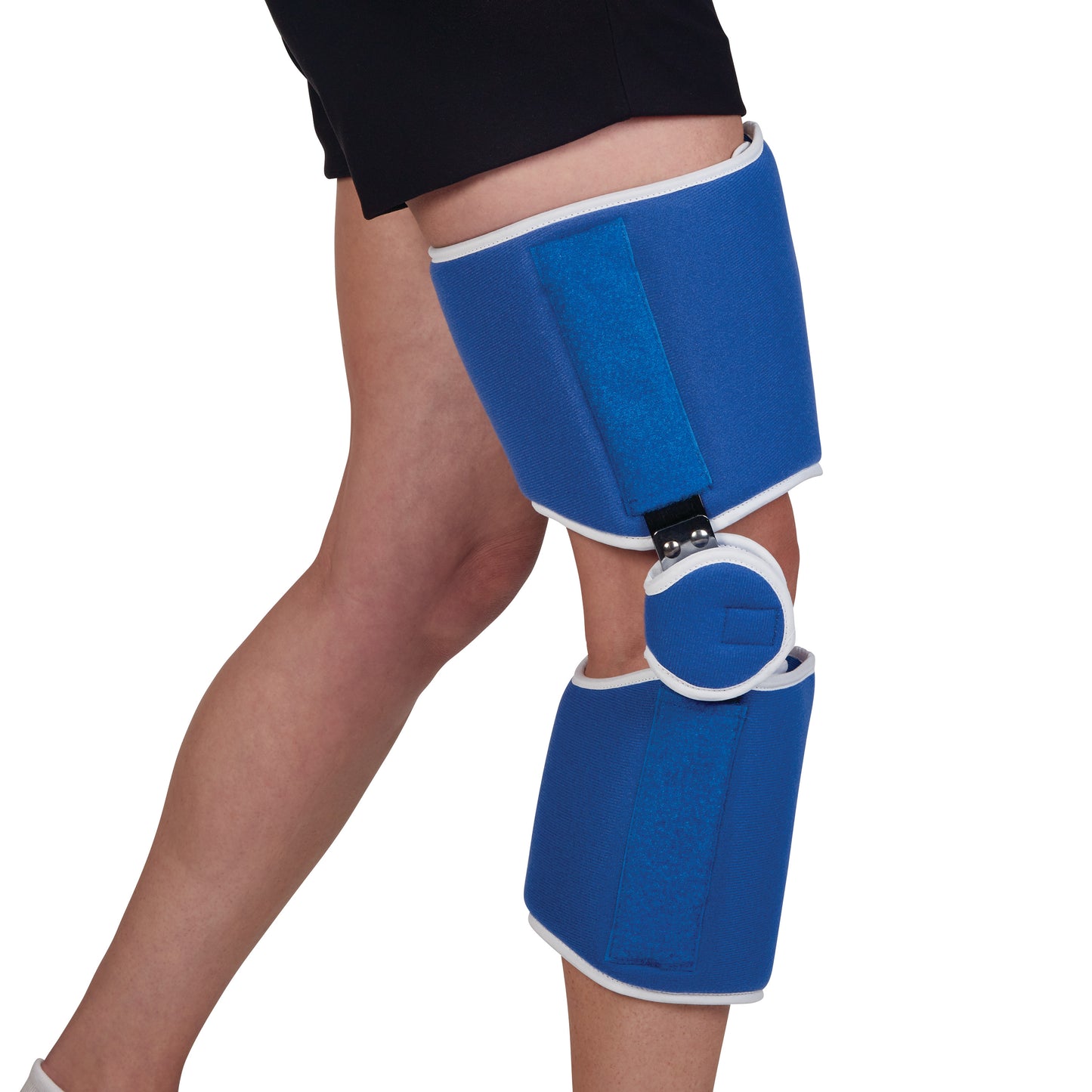 A leg wearing the AliMed Easy-On Knee Brace, featuring blue padding and adjustable straps for support above and below the knee.