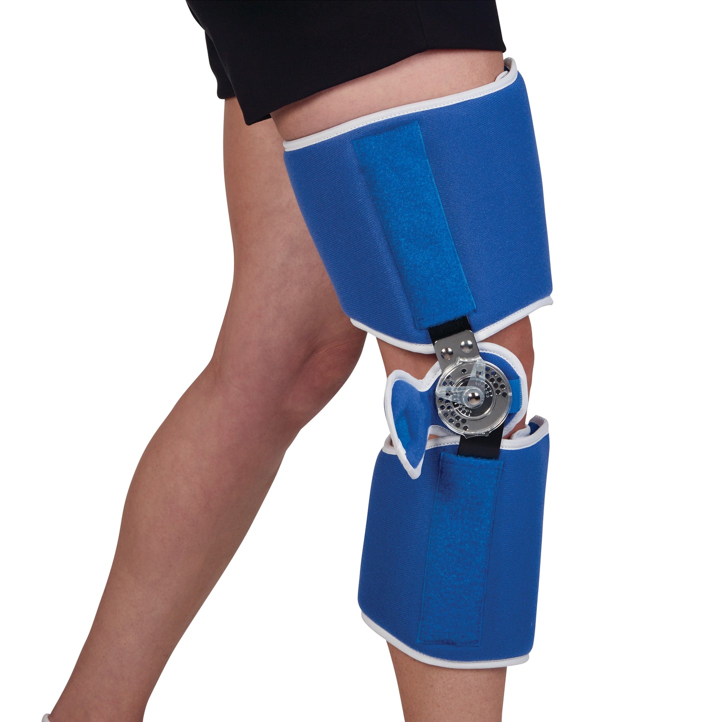 A person wearing the AliMed Easy-On Knee Brace. The brace is blue with adjustable straps and a metal hinge at the knee joint.