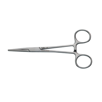 A stainless steel Kelly Clamp with a scissor-like handle, featuring a straight, serrated jaw for gripping.