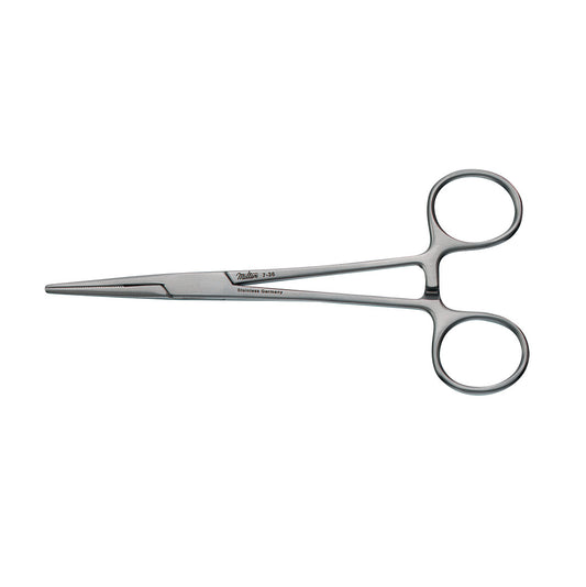 A stainless steel Kelly Clamp with a scissor-like handle, featuring a straight, serrated jaw for gripping.