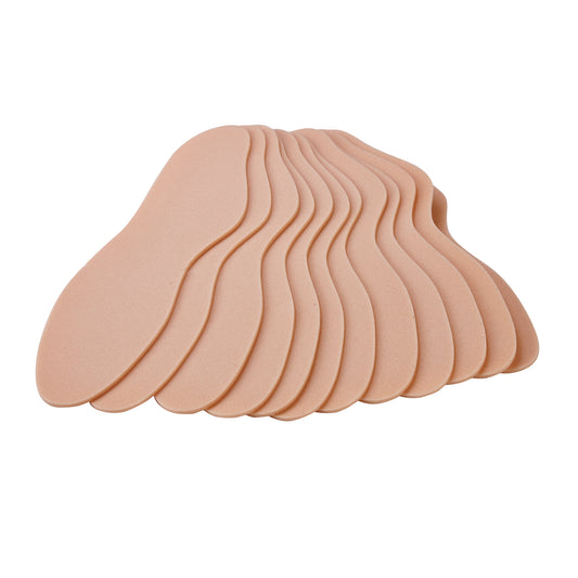 A stack of AliMed Plastazote Insoles, light pink in color, shown from an angled side view.