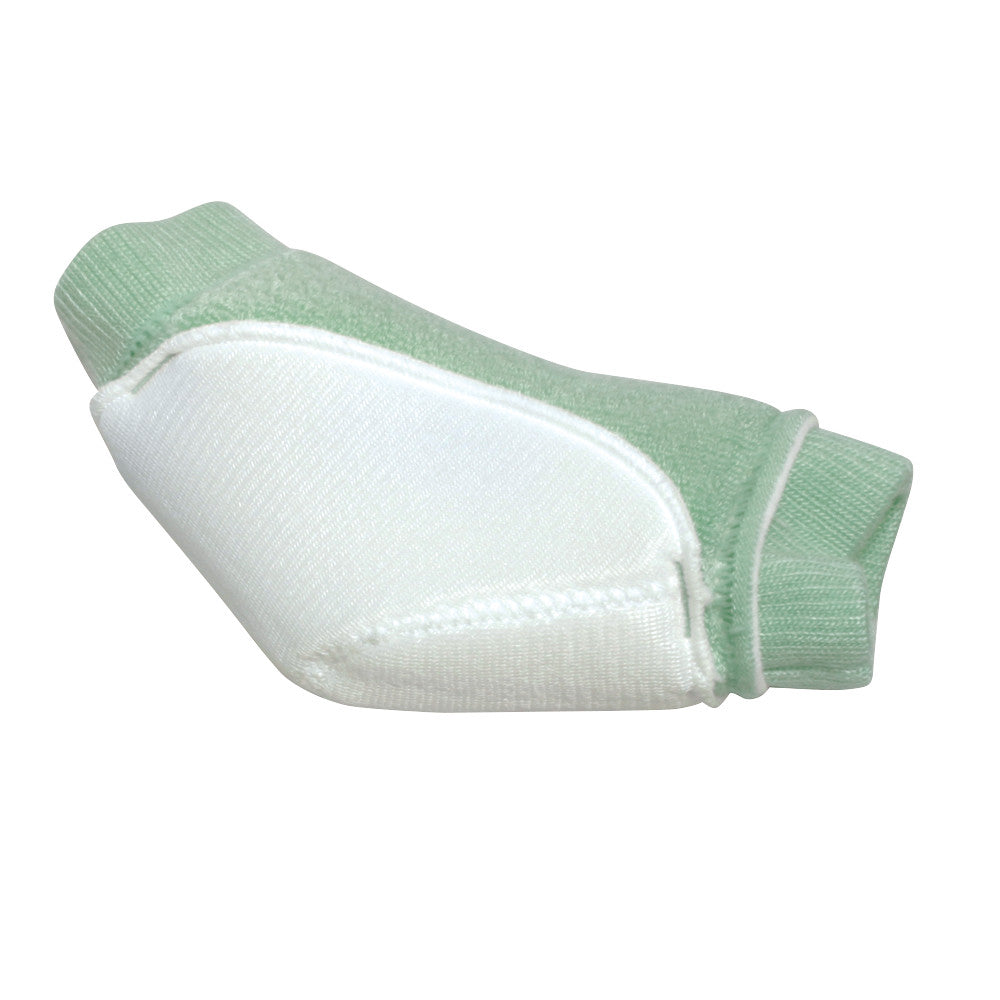 Green and white Heelbo Heel/Elbow Protector with a cushioned design and ribbed ends for comfort and support.