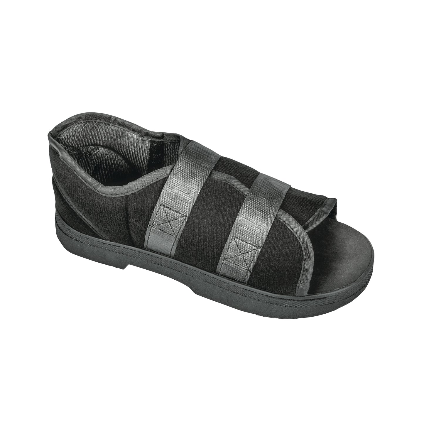 The DARCO Softie Shoe is a black medical shoe with two adjustable straps and an open-toe design, designed for post-surgery use.